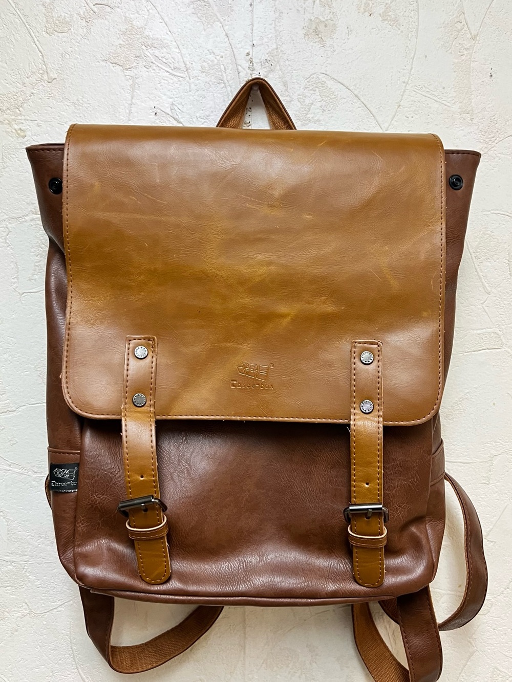 THREE BOX Vegan Leather Dual Strap Backpack.